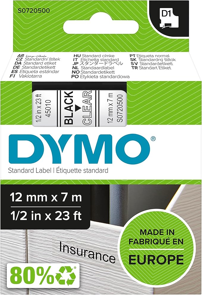 DYMO Standard D1 45010 Labeling Tape ( Black Print on Clear Tape , 1/2'' W x 23' L , 1 Cartridge)