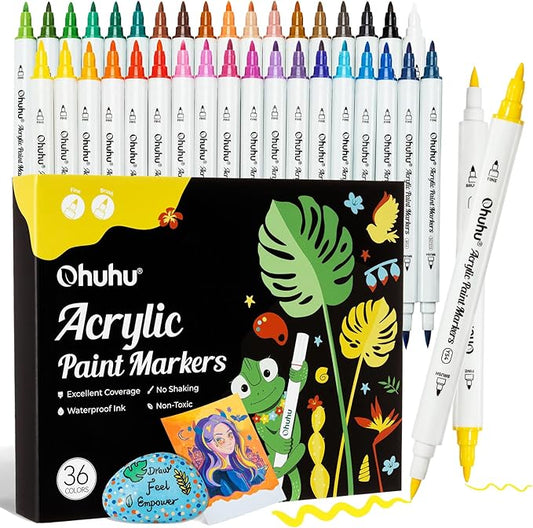 Ohuhu Acrylic Paint Markers Dual Tips: 36 Colors Brush & Fine Paint Pens High Opacity Acrylic Markers Waterproof Lightfast for Christmas Gifts Rock Painting 3D Prints Egg Wood Glass Ceramic DIY Crafts