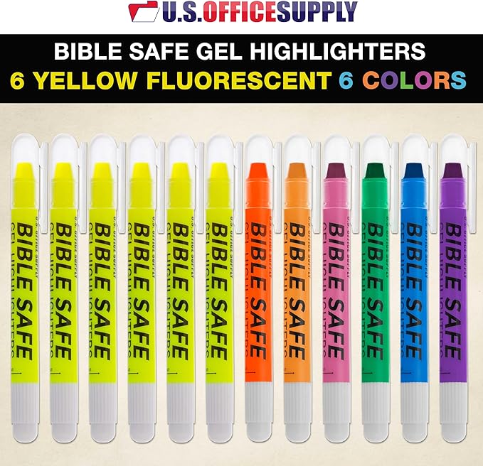 U.S. Office Supply Bible Safe Highlighter Set of 12, 6 Neon Yellow Highlight Colors & 6 Additional Colors, Dry Bible Highlighters No Bleed, Fade or Smear, Safe Gel Markers, Accessories, Study Guide