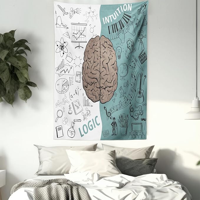 Ambesonne Modern Tapestry, Brain Image Left and Right Music Logic Art Side Science Print, Wall Hanging for Bedroom Living Room Dorm Decor, 60" X 80", White Teal Umber