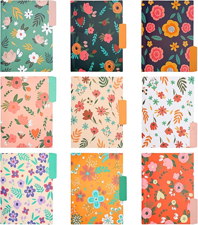 EOOUT 9pcs Decorative File Folders Letter Size, 1/3-Cut Tabs Plastic File Folders for Documents with Colorful Floral Patterns and Erasable Category Labels for Notes Office and School Supplies
