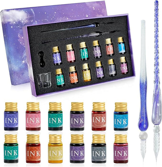 Glass Dip Pen Ink Set, 16pcs Fountain Calligraphy Pens Set, 2 Crystal Signature Glass Pen, 12 Gold Powder Drawing Ink Drip Tool for Art Writing Signatures Beginners Valentines Day Gift