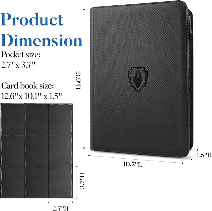 Premium Zip Card Binder, Fabmaker 9 Pocket Trading Card Binder, PU Cover Zipper Card Collection Album, Sturdy 360 Side-Loading Card Folder Holder for Game & Sports Cards, Royal Blue