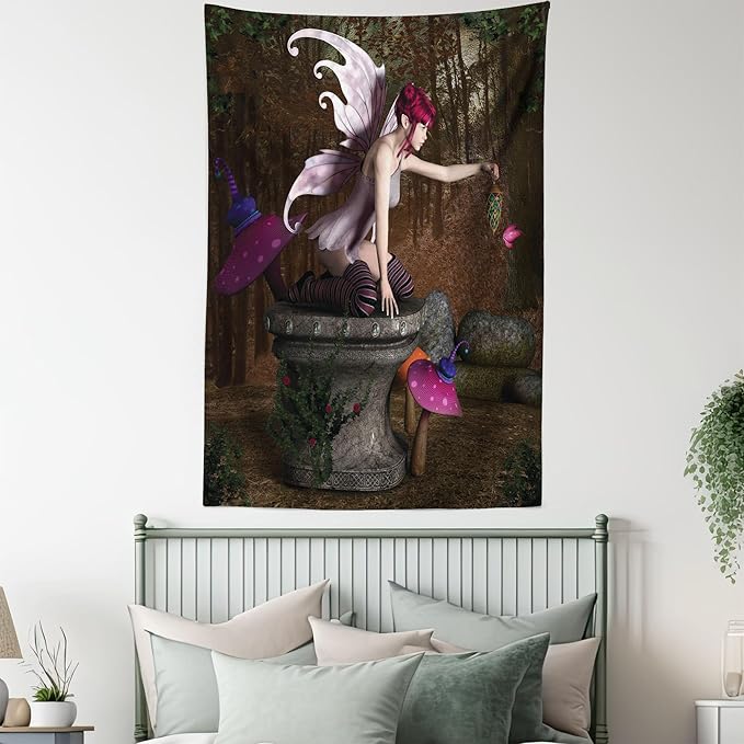 Ambesonne Tale Tapestry Twin Size, Dimensional Mythical Creature Design Artifact on Pedestal Forest Print, Wall Hanging Bedspread Bed Cover Wall Decor, 68" X 88", Red Purple Grey
