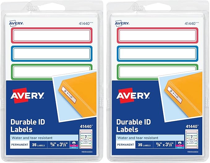 Avery(R) Durable Labels for Kids' Gear, 5/8" x 3-1/2", Assorted Border Colors, Water-Resistant, 35 Rectangle Labels Total (Pack of 2)