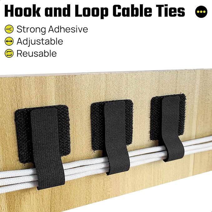 Matenf Under Desk Cable Management Kit - 40 PCS Self-Adhesive Hook & Loop Cable Organizers, Adjustable Cord Hider for Desk, Cable Ties in Office, Home, Kitchen (Black)