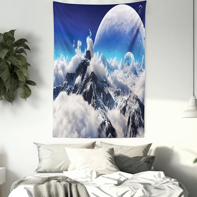 Ambesonne Fantasy Tapestry Twin Size, Celestial View of Snow Capped Mountains and Alien Planet Print, Wall Hanging Bedspread Bed Cover Wall Decor, 68" X 88", White and Navy Blue