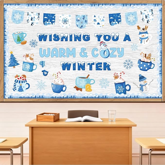 Aposwow Winter Bulletin Board Decorations - Christmas Hot Cocoa Holiday Classroom Decorations Set Wish You A Warm Cozy Winter Paper Cutouts Bulletin Board Decor School Office Wall Decor Supplies