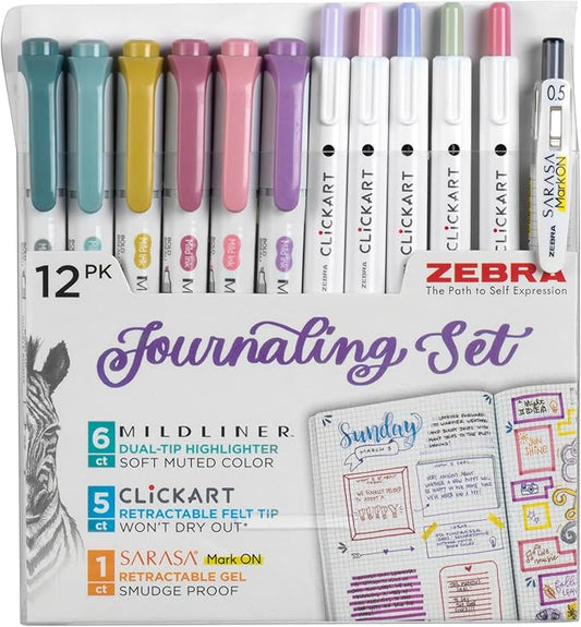 Zebra Pen - Premium 12-Pack Journaling Set - No Bleed Highlighters, CLiCKART Pens & SARASA Gel Pen - Assorted Colors for Note-Taking, Bible Study, Bullet Journaling and Creative Planning (14012)