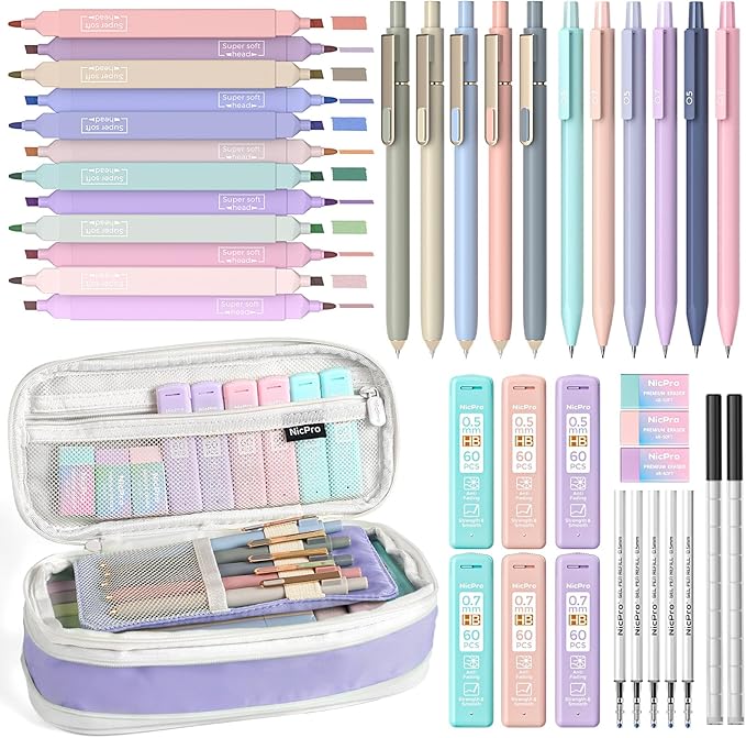 Nicpro 39 PCS Aesthetic School Supplies with Cute Purple Pencil Case, 12 Pastel Highlighters, 5 Quick Dry Black Ink Pens, 6 Mechanical Pencil 0.5 & 0.7mm for Girl Student Stationary College Essentials