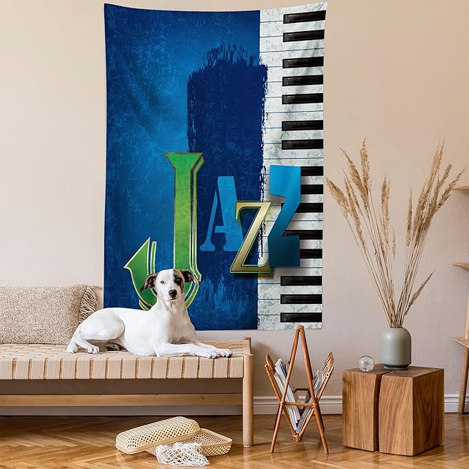 Ambesonne Jazz Music Tapestry Queen Size, Abstract Cracked Background Piano Keys Themed Print Rhytym Image, Wall Hanging Bedspread Bed Cover Wall Decor, 88" X 88", Navy Green White
