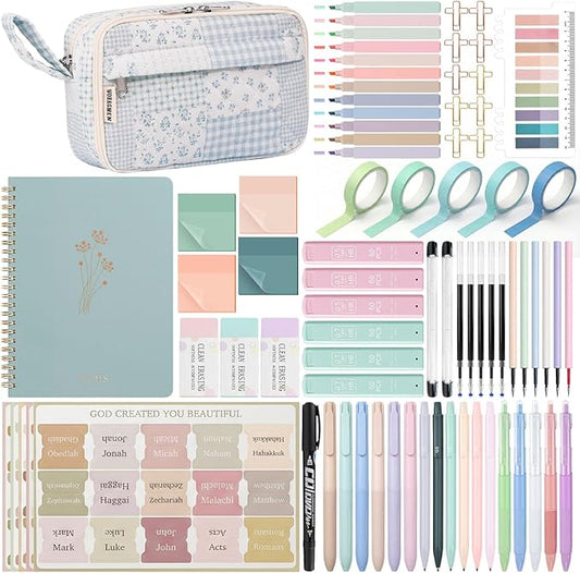 76PCS Bible Study Supplies Kit for Women, Journaling Set with No Bleed Highlighters, Laminated Bible Tabs,Notebook, Quilted Pencil Case, Bible Accessories Set Beginner Christian Gifts
