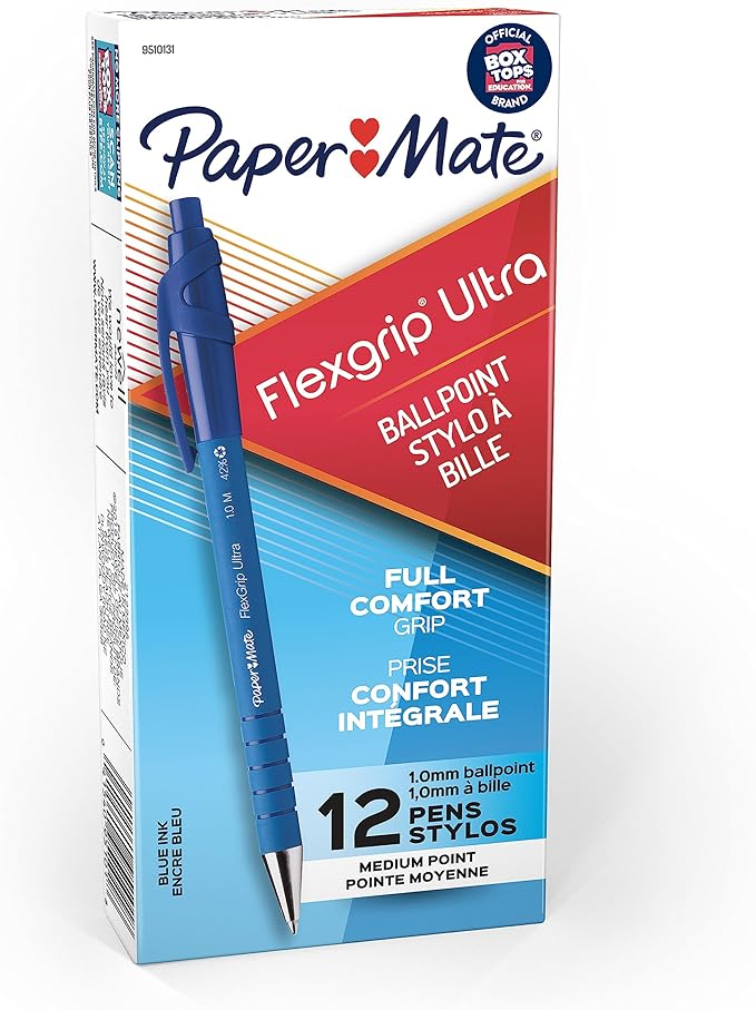 Paper Mate FlexGrip Ultra Retractable Ballpoint Pens, Recycled, Medium Point (1.0mm), Blue Ink, 12 Count - Rubberized Full Comfort Grip, Office, Teacher Supplies