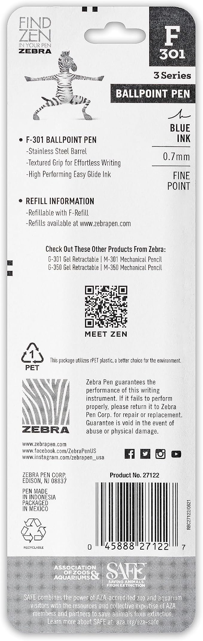 Zebra Pen F-301 Ballpoint Blue Ink Fine Point 0.7mm Pen, Easy-Glide Ink, Stainless Steel Retractable, Non-Slip Grip, Professional Design, Ideal for Office, Journal and Planner Use, 2-Pack (27122)