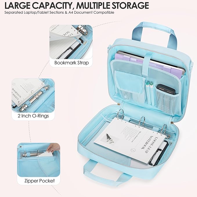 3 Ring Zipper Binder, 2 Inch Ring Binder Organizer Bag with Shoulder Strap Fits 13 Inch Laptop and 500 Sheets, Blue(Empty Bag Only)