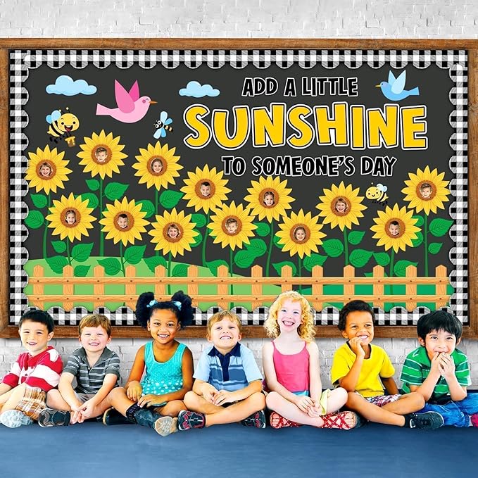 Fall Sunflower Bulletin Board Decorations Sunflower Paper Cutouts for Posting Photo Motivational Quotes Cutouts with Black Plaid Borders for School Classroom Chalkboard Wall Decor Supplies