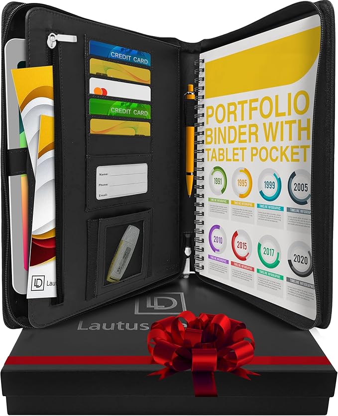 Customized Leather Portfolio Padfolio - Name/Logo Printed on Black Personalized Faux Leather Business Portfolio Binder & Organizer Folder with 10.5 Inch Tablet Sleeve
