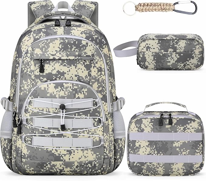 School Backpacks for Boys - 4pcs Camo Boys Backpacks with Lunch Box Set for Kids Teens Elementary Middle School, 18″ Large Capacity Students Bookbag, Perfect for Travel