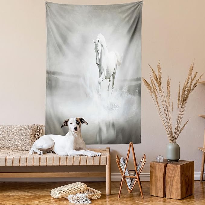 Ambesonne Horses Tapestry, Wild Horse Running Through Water Dramatic for the Motivation of Life Art, Fabric Wall Hanging Decor for Bedroom Living Room Dorm, 30" X 45", Black and White