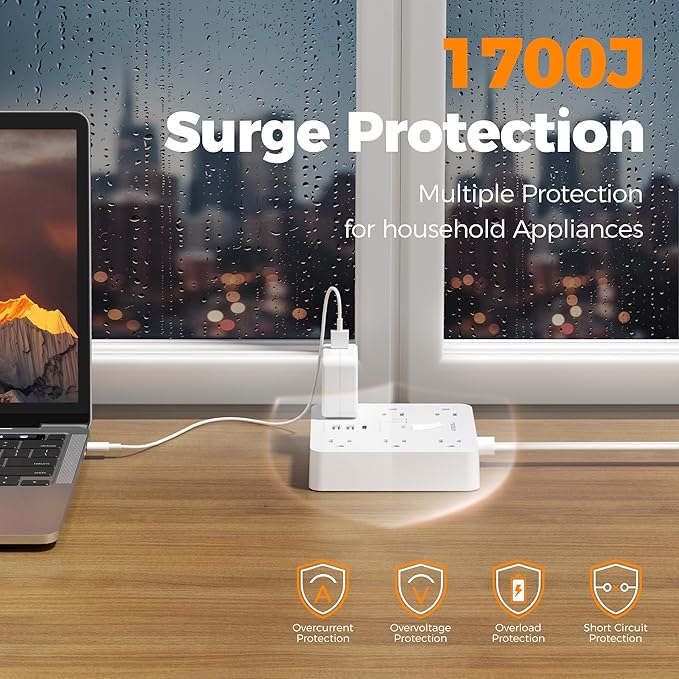 1700J Surge Protector Power Strip, TESSAN 10Ft Extension Cord with Multiple Outlets, Outlet Extender with 6 AC, 3 USB Ports(1 USB C), Charging Station for Home Office Dorm Room Essentials, White