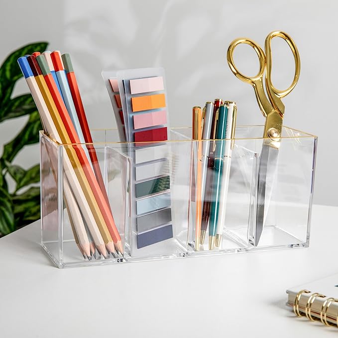 Martha Stewart Kerry Plastic 4 Compartment Pen Holder Office Desktop Organizer, with Gold Trim