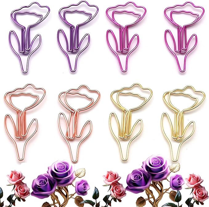 48 Pcs Metal Paper Clips Set - Multicolored Rose-Shaped Cute Paperclips for School and Office File Organization, Suitable for Party and Wedding Decor (ROSEFLOWER)
