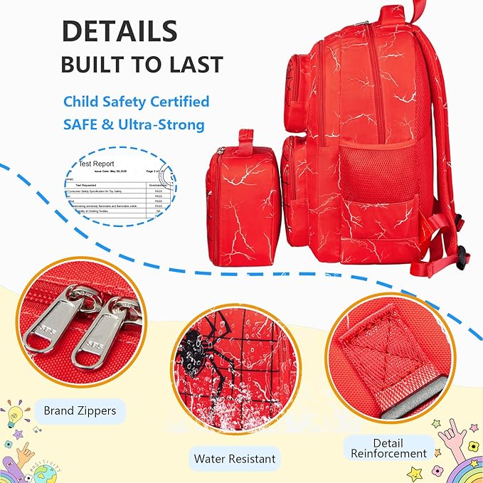 Kids Backpack Boys Spider Backpack with Lunch Box Kindergarten Elementary Middle School Toddler Bookbag for Boys Ages 4-14, Spider-Red