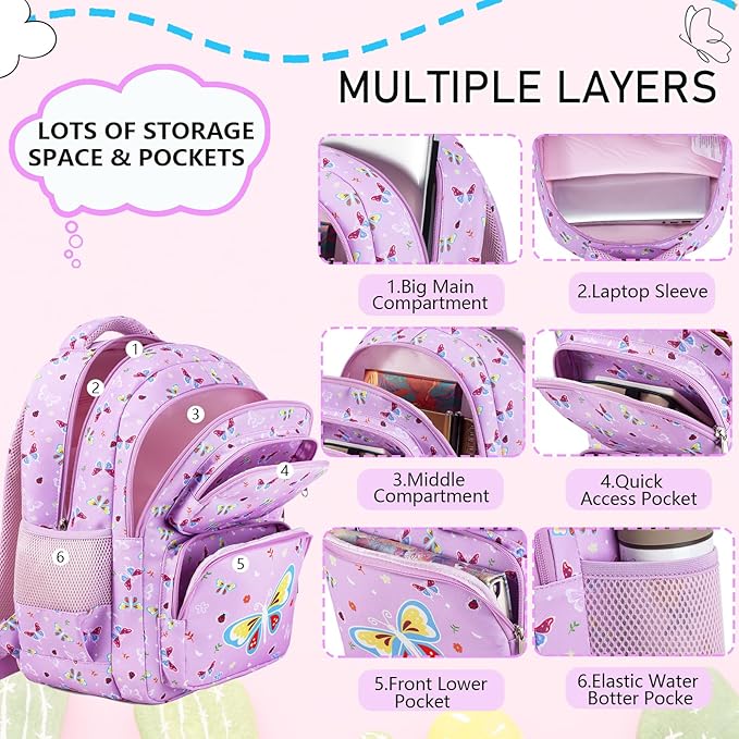 Girls Backpack with Lunch Box Glow in Dark Butterfly Bookbag Teens Ages 4-12 Kindergarten Elementary Middle School Butterfly Backpack, Luminous Butterfly Purple