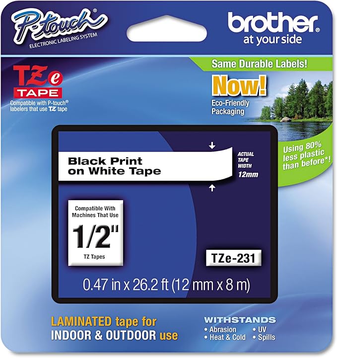 Brother TZE231 Standard Adhesive Laminated Labeling Tape, 0.47" x 26.2 ft, Black on White
