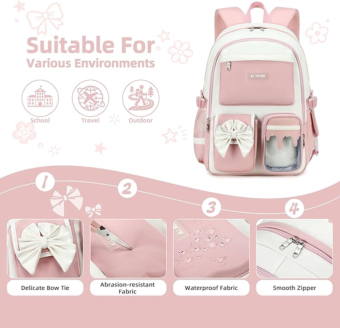 School Backpack for Girls 3PCS Nylon Kids Backpack Set with Lunch Box & Pencil Pouch, Cute Lightweight Teen Girls School Bag Laptop Bag Travel Daypack for Elementary Middle High School Beige Pink