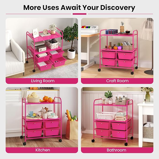 COSTWAY 4-Drawer Storage Cart, Mobile Storage Organizer w/Steel Frame & 360° Wheels, 4-Drawer Utility Cart for Living Room, Kitchen, Bathroom & Office, Hot Pink
