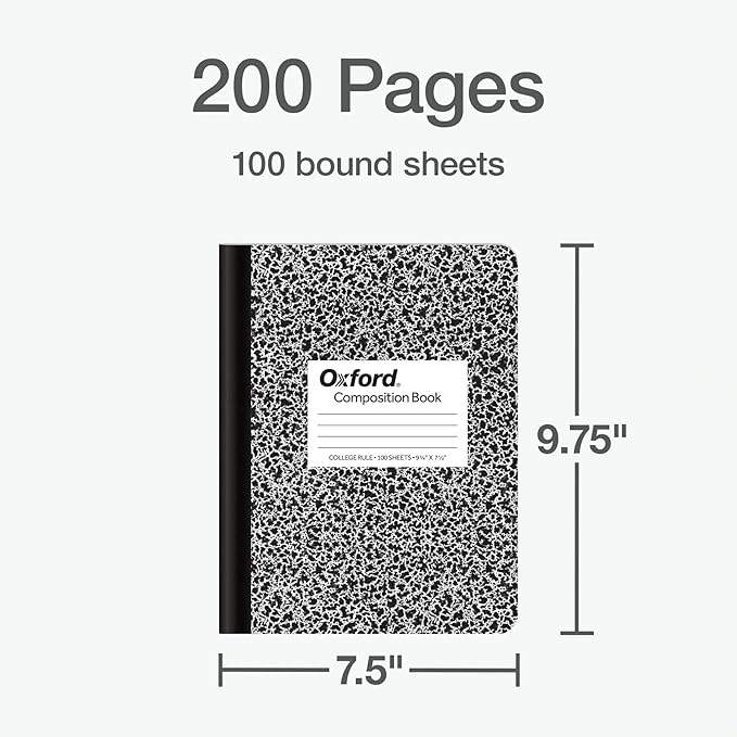 Oxford Composition Notebooks, 9-3/4 x 7-1/2 Inch School Journals, College Ruled Paper, Black Marble Covers, 100 Sheets per Book (1002515) (pack of 24)
