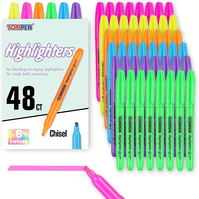 Highlighters Bulk 48 Pack–6 Assorted Colors No Bleed Chisel Tip High Lighter Markers Set for School,Office,Bible Study, Journaling–Smear-Free,Quick Dry Fluorescent Pens for Teachers
