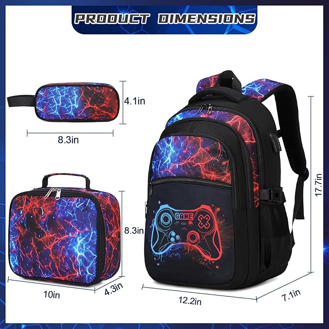 Boys Backpack for School, 3PCS Cool Luminous Gamer Backpack for Boys with Lunch Box Pencil Case, Kids Backpacks Bookbag for Teen Boy Elementary Middle High School with USB Charging Port