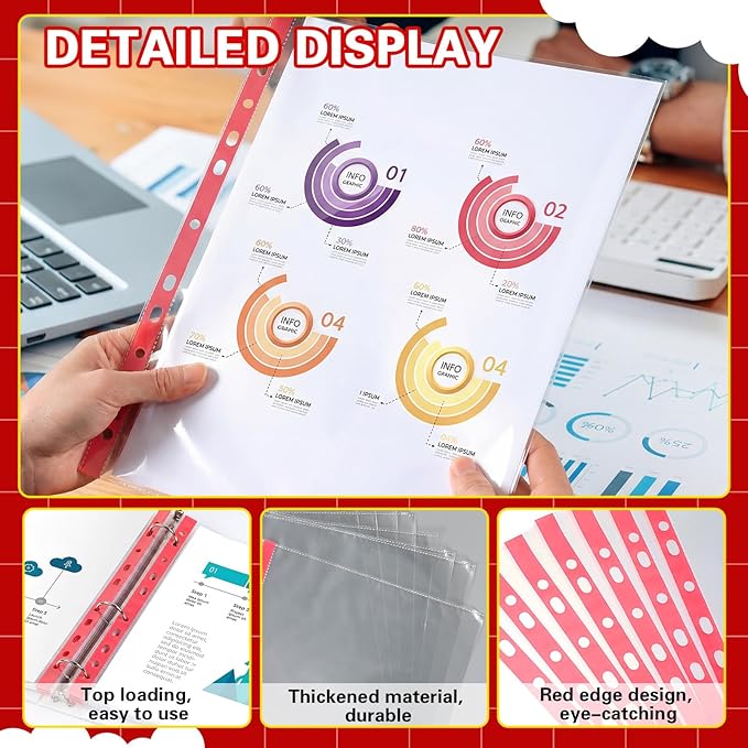 50 Pack Sheet Protectors, Red Edge Heavy Duty Standard 8.5 x 11 Inch Paper Page Protectors for 3 Ring Binder Clear Binder Sleeves Document Protector for Office Stationery Supplies