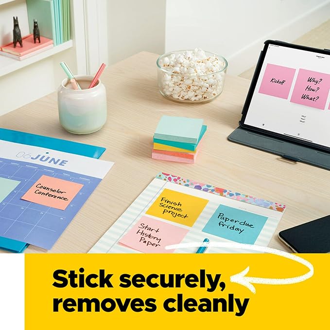 Post-it Notes, 3 in x 3 in, 4 Sticky Note Pads, 50 Sheets per Pad, Beachside Café Collection, New Year Organization or Second Semester School Supplies