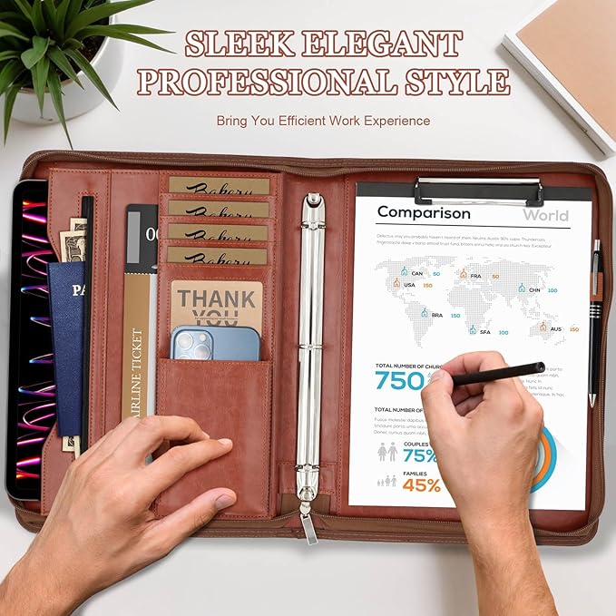 Faux Leather Portfolio Binder with Handle & Clipboard, Zippered Padfolio Folder Organizer 3 Ring Binder for Document, Business Card Holder,Professional Portfolio Notebook for Men & Women (Brown)