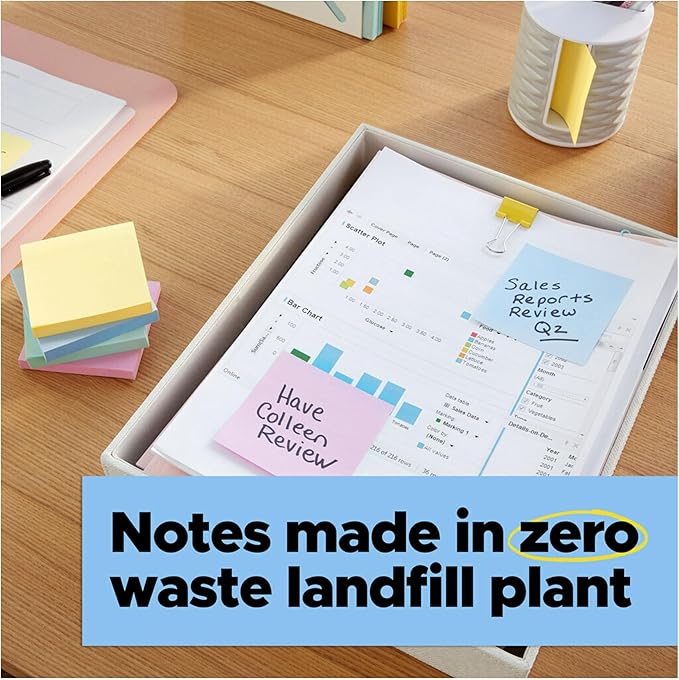 Post-it 100% Recycled Paper Super Sticky Notes, 3 in. x 3 in., 24 Pads, 70 Sheets per Pad, Wanderlust Pastels, New Year Organization or Second Semester School Supplies