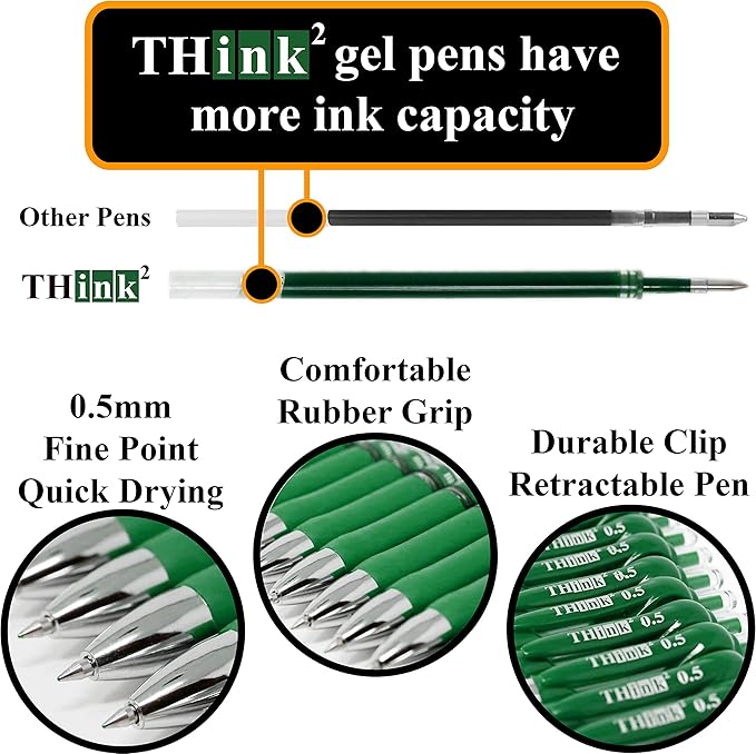 [24 Pens - Green Ink] Think2 Retractable Gel Pens. (24 Green) Fine Point (0.5mm) Rollerball Pens with Comfort Grip.