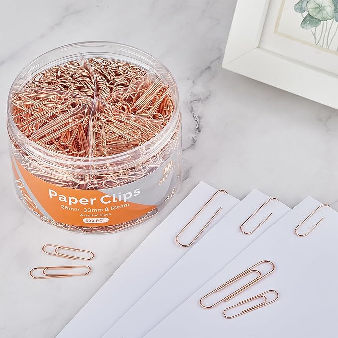 NEEWAY 500pcs Rose Gold Paper Clips Assorted Sizes Small, Medium and Large Paperclips for Paperwork Ideal for Home, School and Office Use