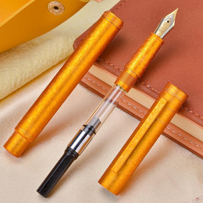 Hongdian 1851 Forest Fountain Pen Golden Ice Flowers, Blade Nib Classic Design Calligraphy Pen with Converter and Metal Pen Case