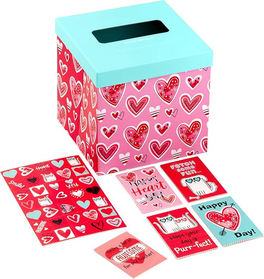 Hallmark Valentines Day Cards and Mailbox for Kids School Classroom Exchange, Doodle Hearts (1 Box, 32 Valentine Cards, 35 Stickers, 1 Teacher Card)
