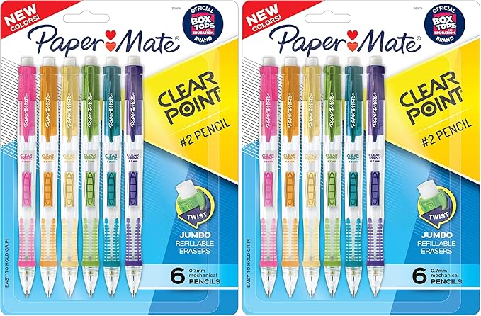 Paper Mate Clearpoint Mechanical Pencils,0.7mm HB #2 Pencils,Assorted Barrel Colors,- For Teacher,Office,School Supplies,Drawing,Drafting,(Pack of 12)