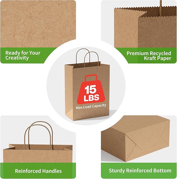 Simple Deluxe 250 Pack Kraft Paper Bags with Handles 10x5x13 - Made in USA -15 Lb Max Load - 100% Recycled Natural Brown Shopping Bags for Retail, Gifts & Merchandise (Premium 90GSM)