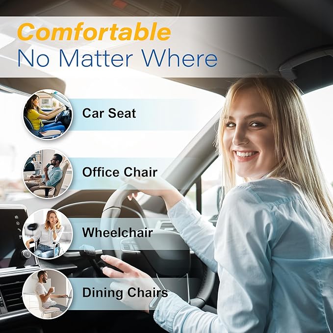 Car Seat Cushion: Ergonomic Memory Foam Car Cushion for Sciatica Pain Relief, Larger Driving Seat Pillow for Short Drivers on Long Drives - Butt Pillow for Truck, Office, Wheelchair - Dark Black