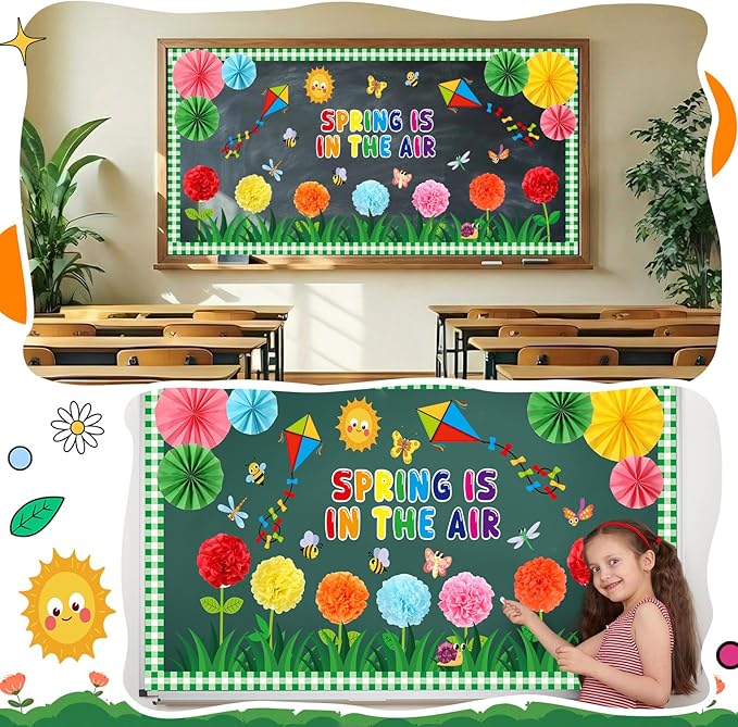 Spring Bulletin Board Decorations Set March Flowers Bulletin Board with 3D Paper Floral Cutouts Classroom Decorations Back to School Wall Decor Party Favor(Spring is in The Air)