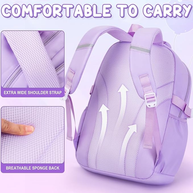 Fimibuke Backpacks for Girls, 3 PCS Waterproof School Backpack with Lunch Box, Pencil Pouch Set for Kids Teens Girls, Cute Bookbag School Bag for Elementary Middle High School Student Ages 6+(Purple)