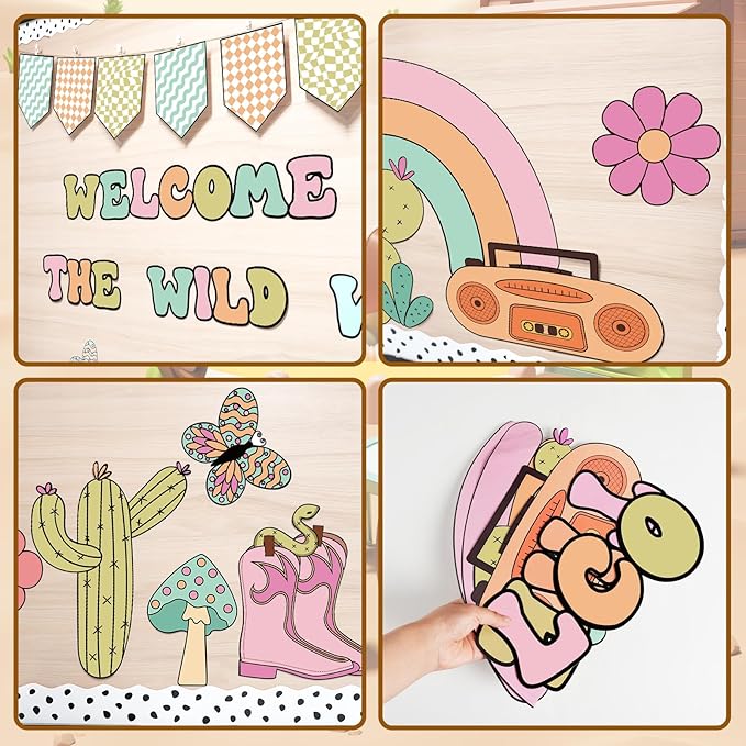 Welcome Bulletin Board Decorations Set, Groovy Wild Western Classroom Decorations Cacti, Bus, Rainbow Cutouts for Welcome Back to School Teachers Supplies Classroom Door Wall Decor