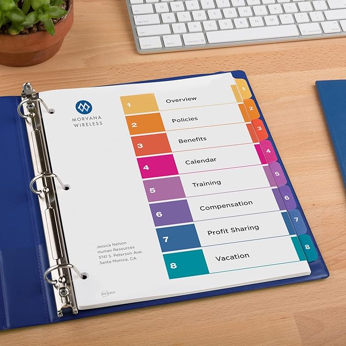 Avery Dividers for 3 Ring Binders, 8 Tabs per Set, Customizable Table of Contents, Multicolor Tabs, Great for Organizing High-Volume Reports, Projects, and More (24 Sets of 11168)
