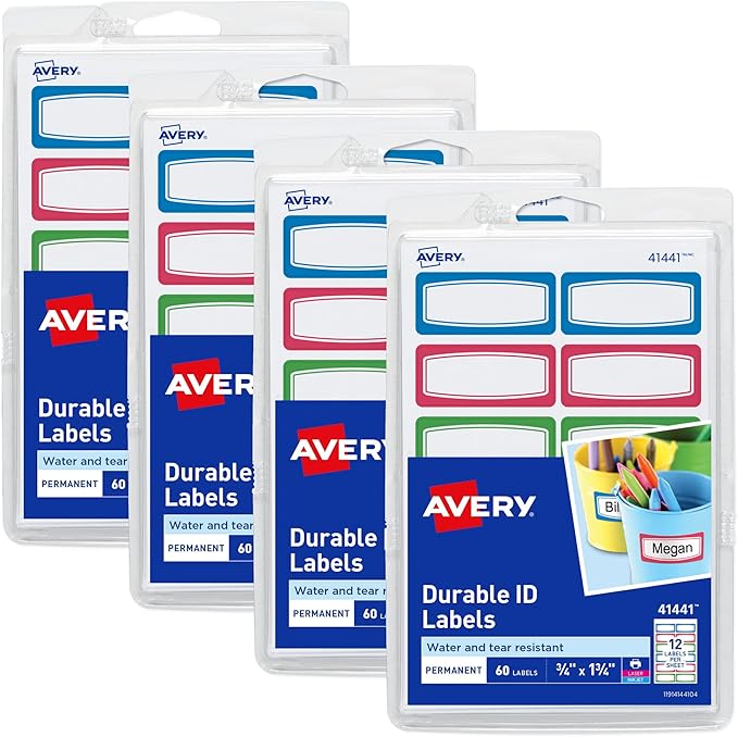 Avery Durable Labels for Kids' Gear, 3/4" x 1-3/4", Assorted Border Colors, Water-Resistant Labels, 4 Packs, 240 Stickers Total (21943)